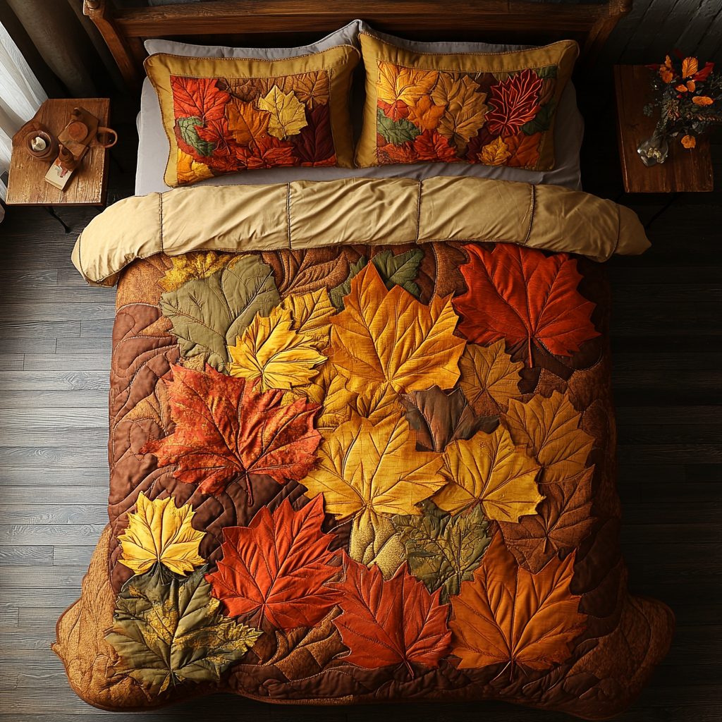 Autumn Leaves quilted 3-piece bedding set on a made bed with two matching pillow shams