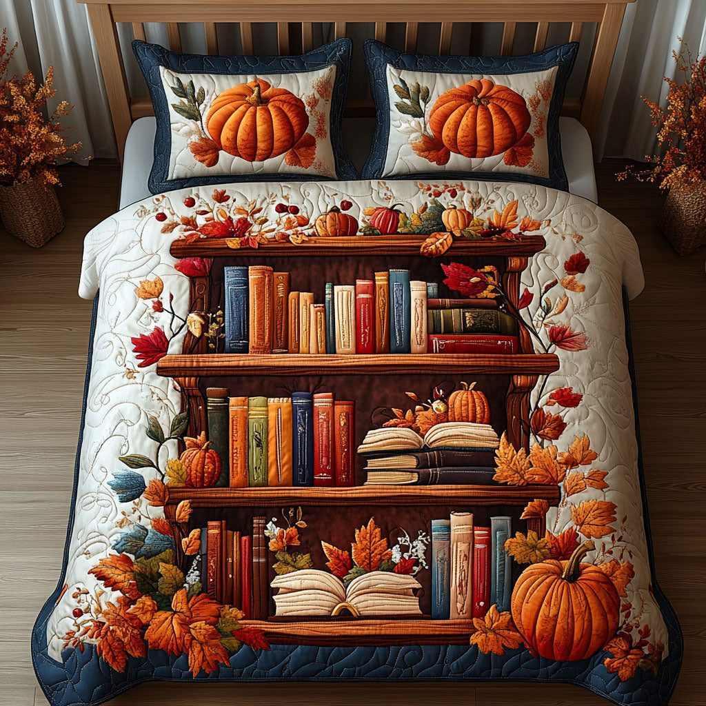 Autumn Library Charm quilted 3-piece bedding set on a made bed with two matching pillow shams