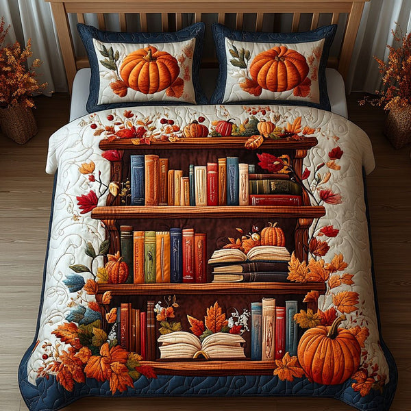 Autumn Library Charm quilted 3-piece bedding set on a made bed with two matching pillow shams