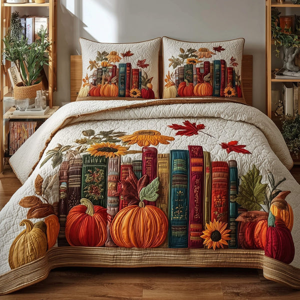 Autumn Library quilted 3-piece bedding set on a made bed with two matching pillow shams