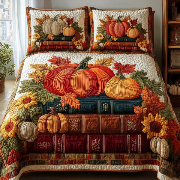 Autumn Library quilted 3-piece bedding set on a made bed with two matching pillow shams
