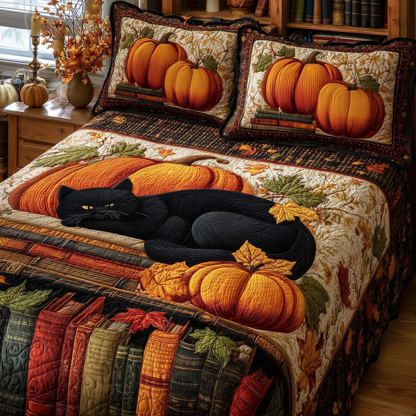 Autumn Library quilted 3-piece bedding set on a made bed with two matching pillow shams