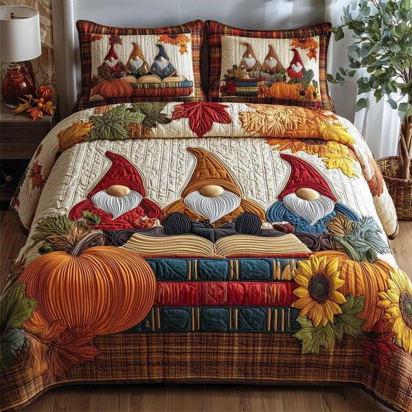 Autumn Library quilted 3-piece bedding set on a made bed with two matching pillow shams
