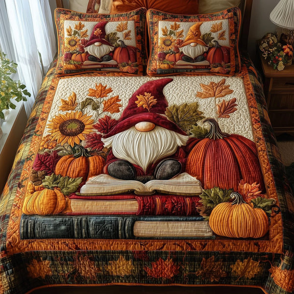Autumn Library quilted 3-piece bedding set on a made bed with two matching pillow shams