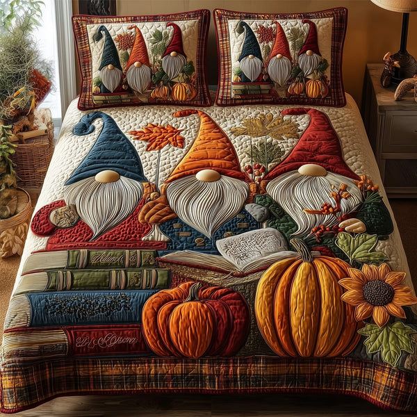 Autumn Library quilted 3-piece bedding set on a made bed with two matching pillow shams