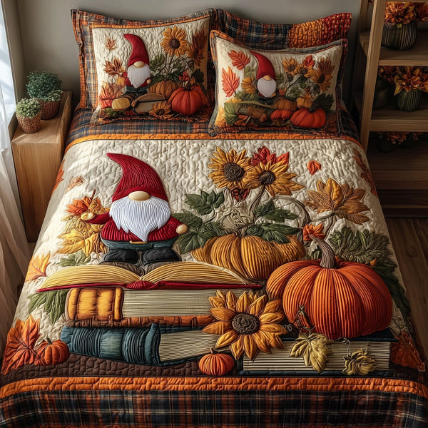 Autumn Library quilted 3-piece bedding set on a made bed with two matching pillow shams