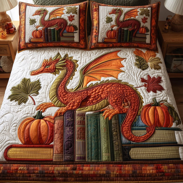 Autumn Library quilted 3-piece bedding set on a made bed with two matching pillow shams