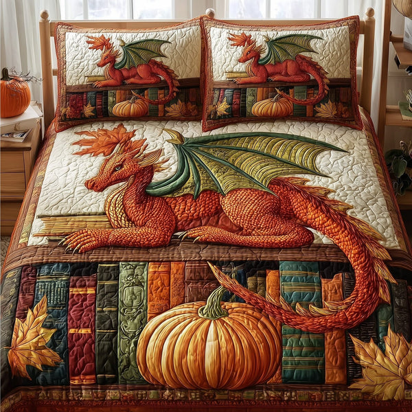 Autumn Library quilted 3-piece bedding set on a made bed with two matching pillow shams