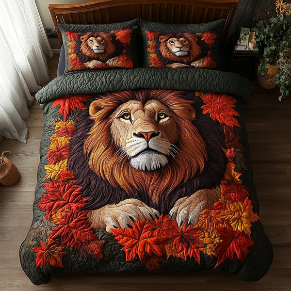 Autumn Lion quilted 3-piece bedding set on a made bed with two matching pillow shams