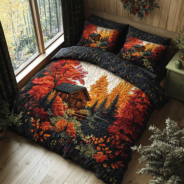 Autumn Log Cabin Echo quilted 3-piece bedding set on a made bed with two matching pillow shams