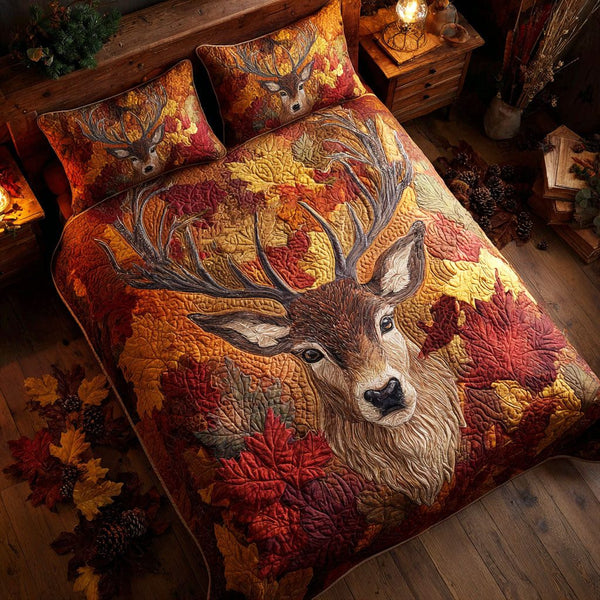 Autumn Majesty quilted 3-piece bedding set on a made bed with two matching pillow shams