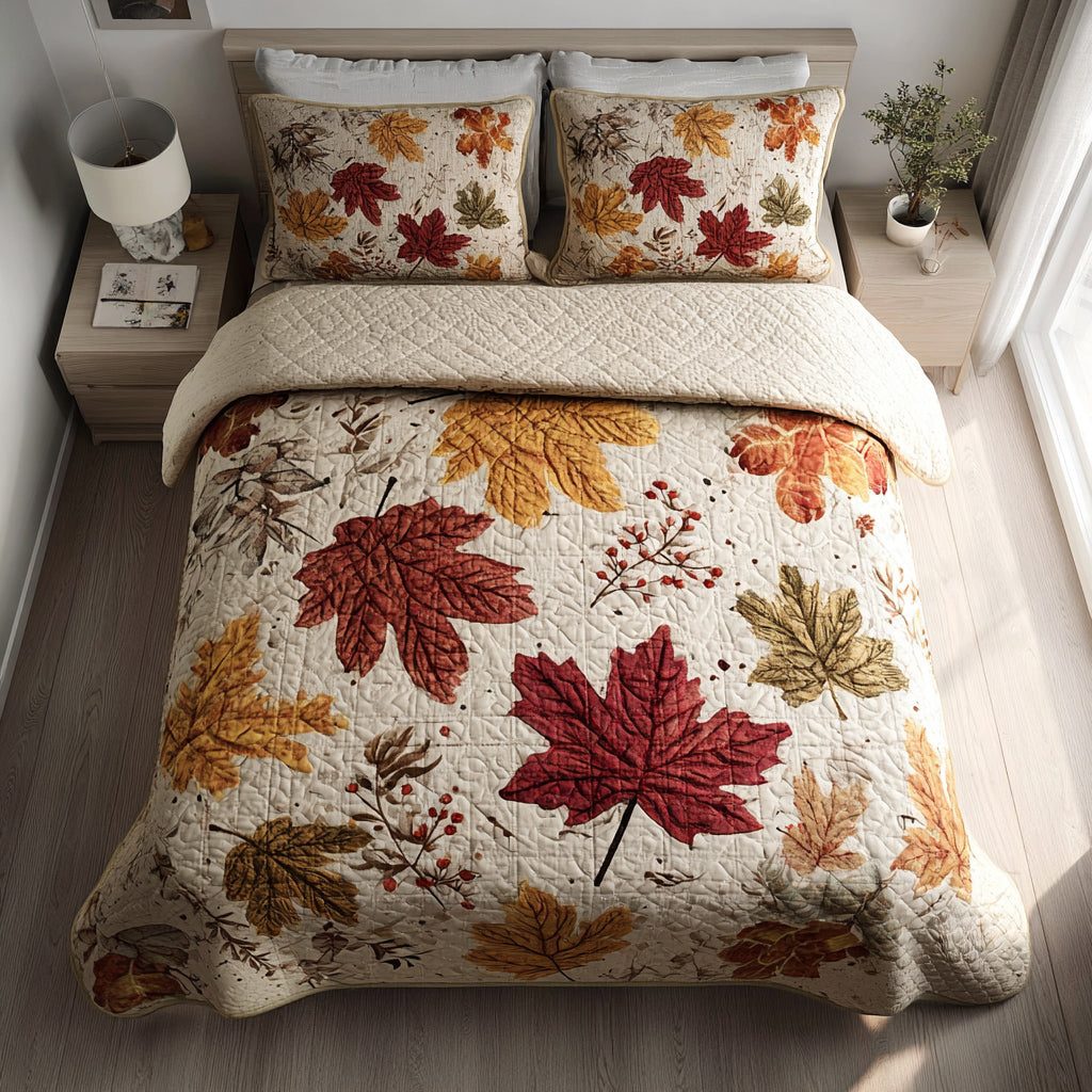 Autumn Maple Leaves quilted 3-piece bedding set on a made bed with two matching pillow shams