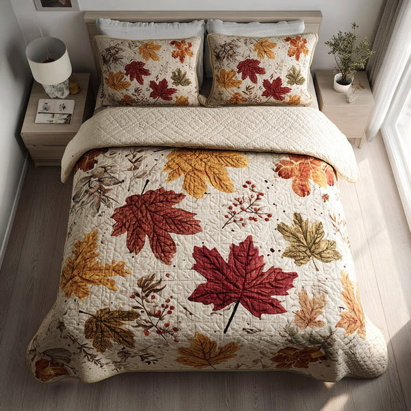 Autumn Maple Leaves quilted 3-piece bedding set on a made bed with two matching pillow shams