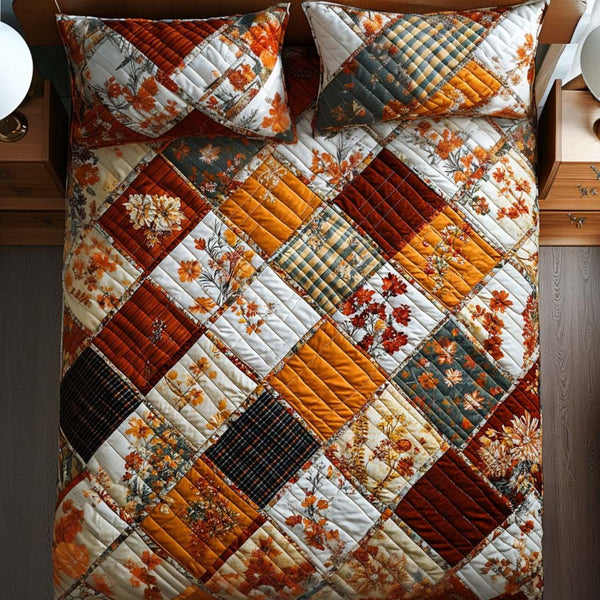 Autumn Meadow Bloom quilted 3-piece bedding set on a made bed with two matching pillow shams