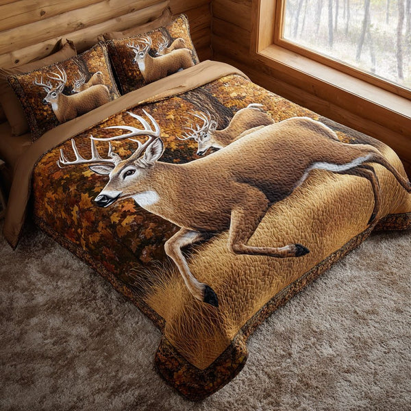 Autumn Meadow Deer quilted 3-piece bedding set on a made bed with two matching pillow shams