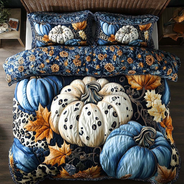 Autumn Meadow Whispers quilted 3-piece bedding set on a made bed with two matching pillow shams
