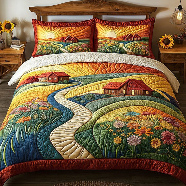 Autumn Meadows quilted 3-piece bedding set on a made bed with two matching pillow shams