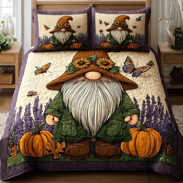 Autumn Mischief Makers quilted 3-piece bedding set on a made bed with two matching pillow shams