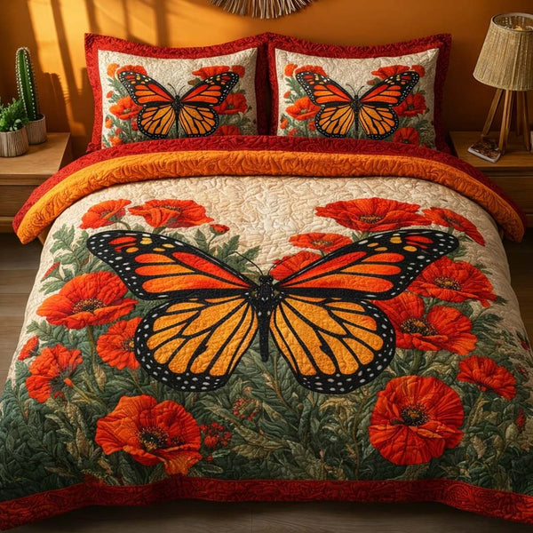 Autumn Monarch quilted 3-piece bedding set on a made bed with two matching pillow shams