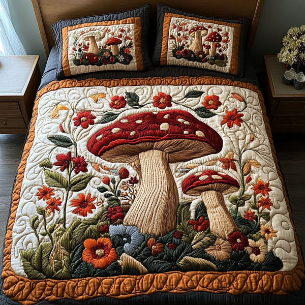 Autumn Mushroom Meadow quilted 3-piece bedding set on a made bed with two matching pillow shams