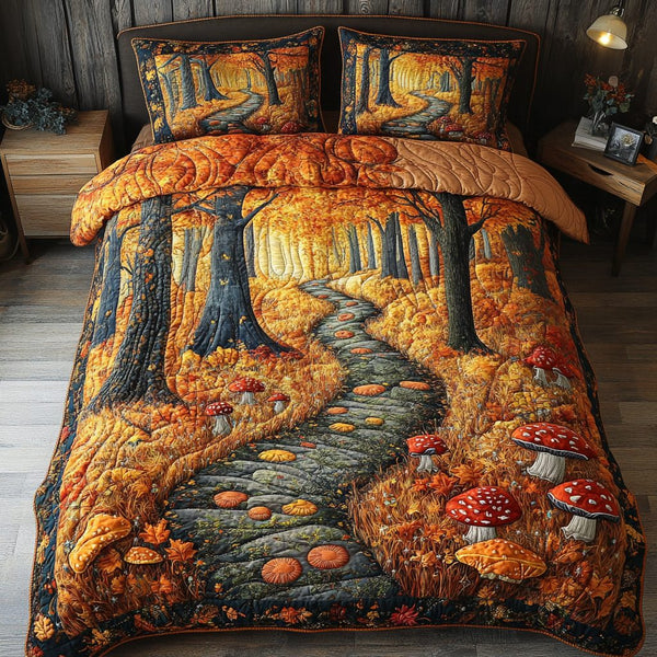 Autumn Mushroom quilted 3-piece bedding set on a made bed with two matching pillow shams
