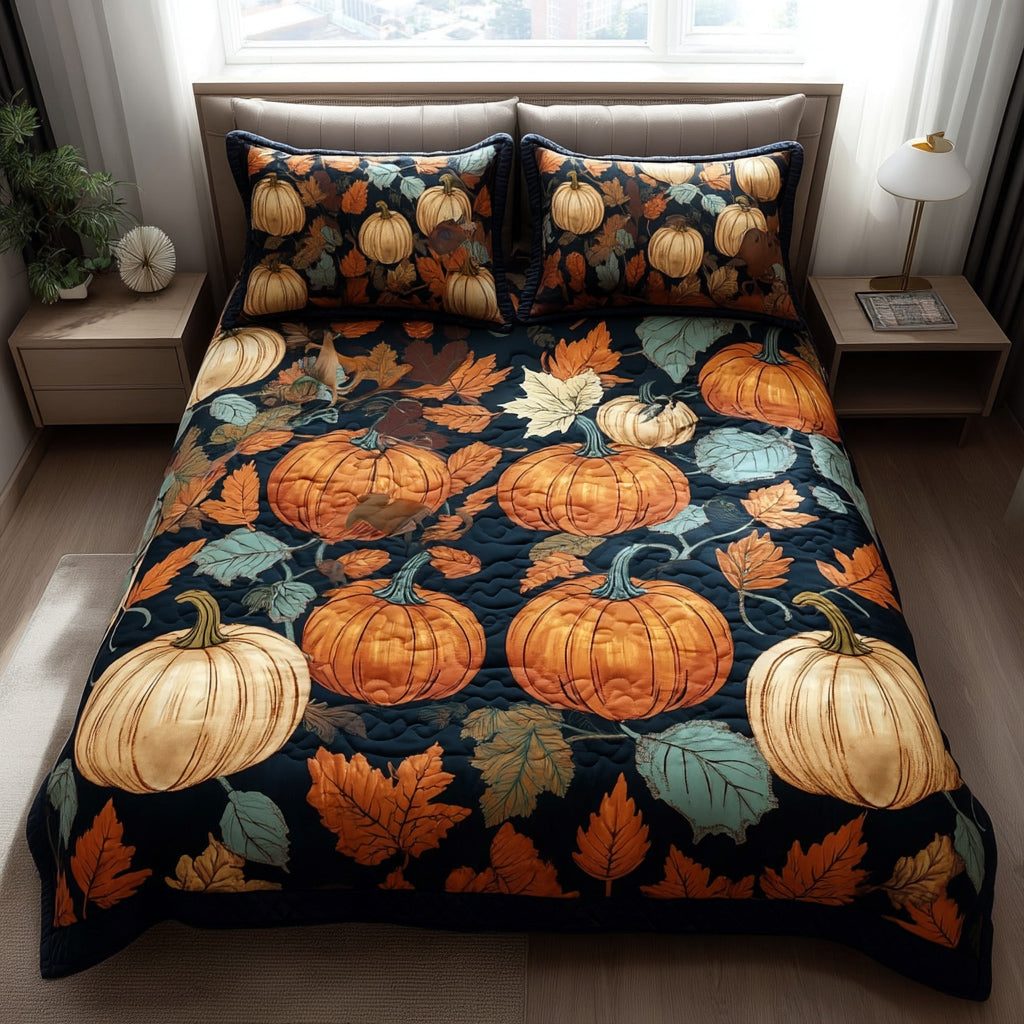 Autumn Night Pumpkins quilted 3-piece bedding set on a made bed against a dark styled interior