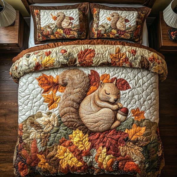 Autumn Nut Stash quilted 3-piece bedding set on a made bed with two matching pillow shams