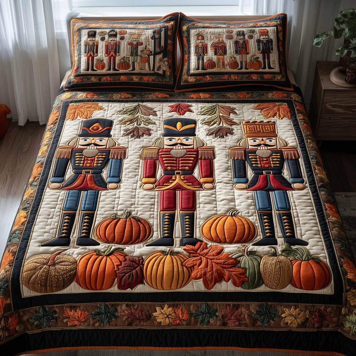 Autumn Nutcracker quilted 3-piece bedding set on a made bed in a winter-styled bedroom