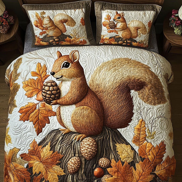 Autumn Nutty Adventure quilted 3-piece bedding set on a made bed in a winter-styled bedroom