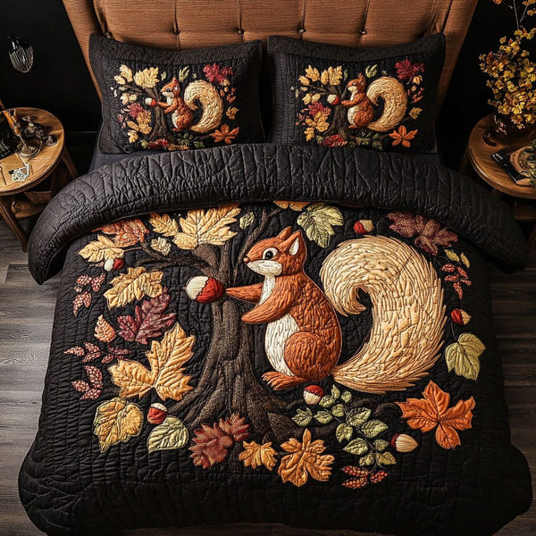 Autumn Nutty Delight quilted 3-piece bedding set on a made bed with two matching pillow shams