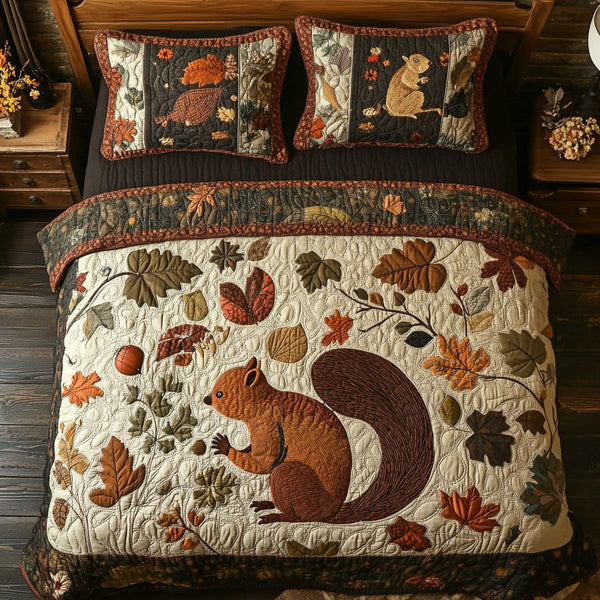Autumn Nutty Escape quilted 3-piece bedding set on a made bed with two matching pillow shams