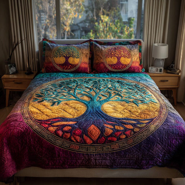 Autumn Orchard quilted 3-piece bedding set on a made bed with two matching pillow shams