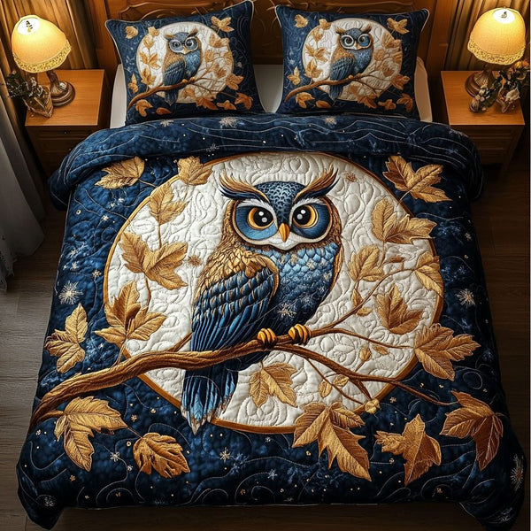 Autumn Owl quilted 3-piece bedding set on a made bed with two matching pillow shams