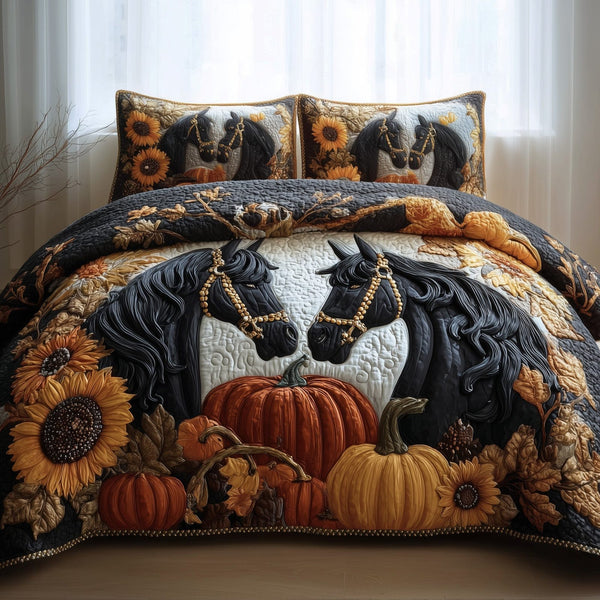 Autumn Pasture Gallop quilted 3-piece bedding set on a made bed with two matching pillow shams