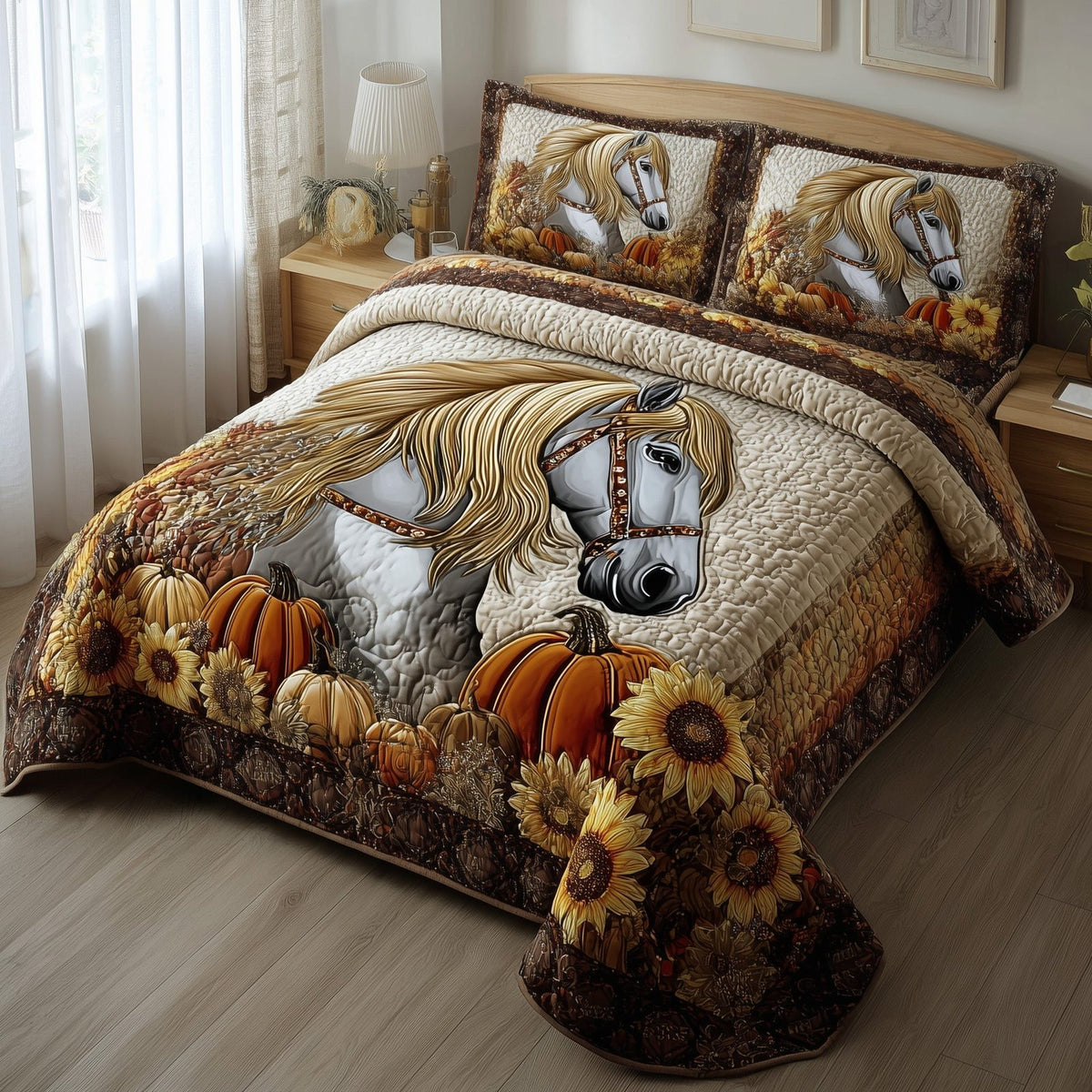 Autumn Pasture Gallop quilted 3-piece bedding set on a made bed with two matching pillow shams