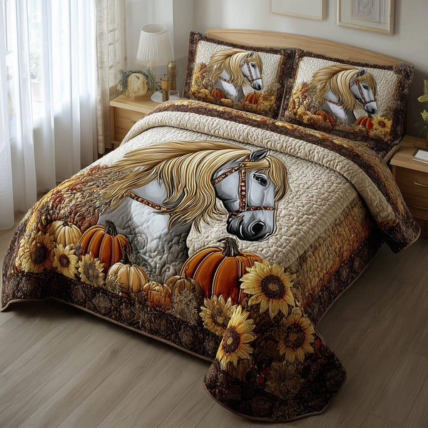 Autumn Pasture Gallop quilted 3-piece bedding set on a made bed with two matching pillow shams