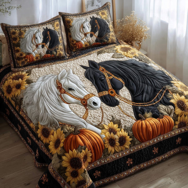 Autumn Pasture Gallop quilted 3-piece bedding set on a made bed with two matching pillow shams