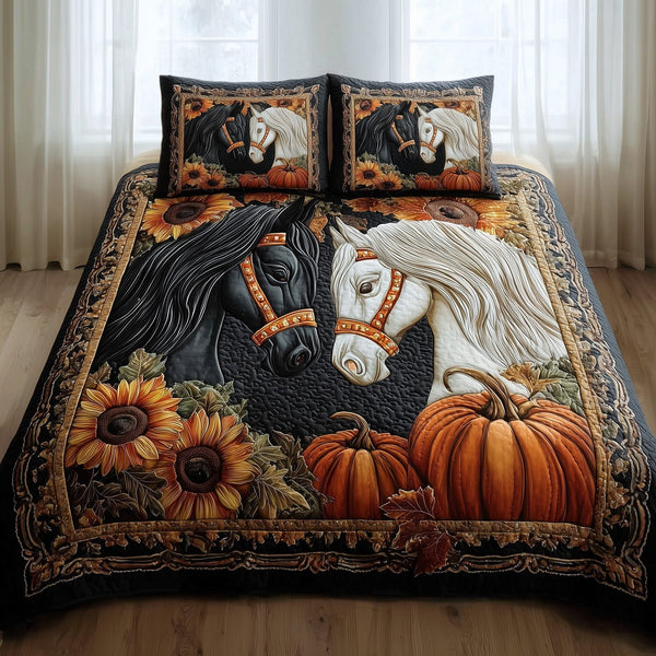 Autumn Pasture Gallop quilted 3-piece bedding set on a made bed with two matching pillow shams