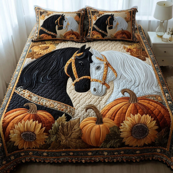 Autumn Pasture Gallop quilted 3-piece bedding set on a made bed with two matching pillow shams