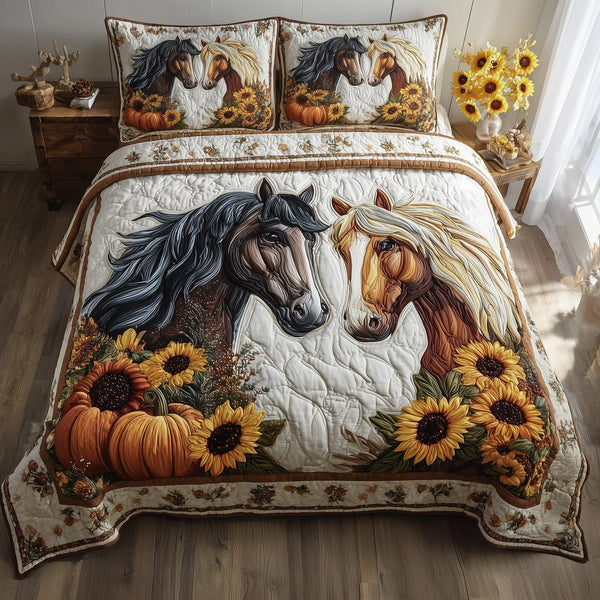 Autumn Pasture Gallop quilted 3-piece bedding set on a made bed with two matching pillow shams