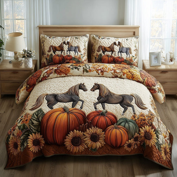 Autumn Pasture Gallop quilted 3-piece bedding set on a made bed with two matching pillow shams