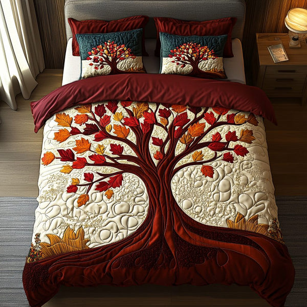 Autumn Path quilted 3-piece bedding set on a made bed with two matching pillow shams