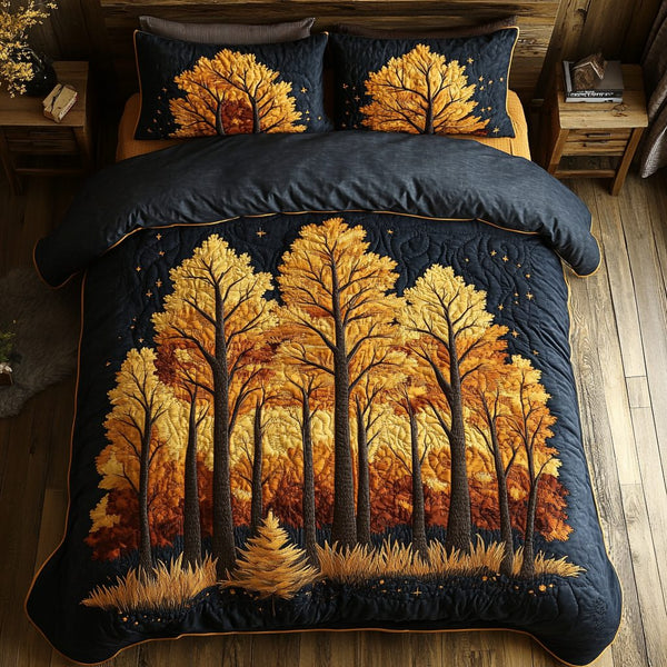 Autumn Path quilted 3-piece bedding set on a made bed with two matching pillow shams