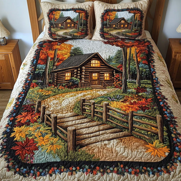 Autumn Pathway quilted 3-piece bedding set on a made bed with two matching pillow shams