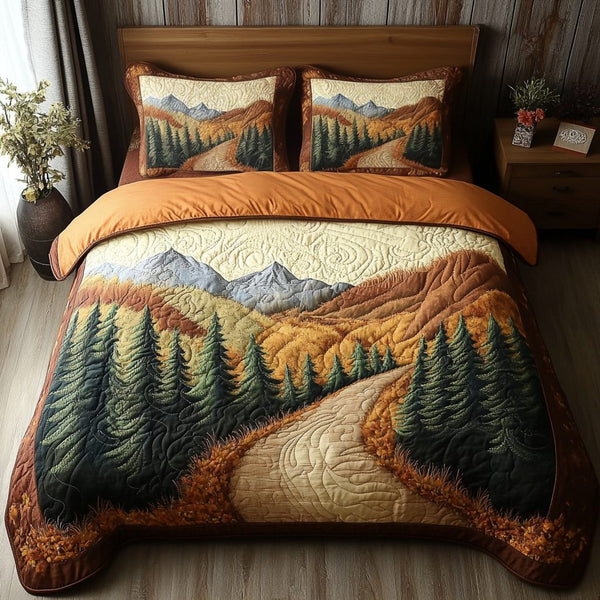 Autumn Pathway quilted 3-piece bedding set on a made bed with two matching pillow shams