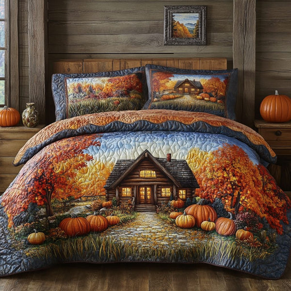 Autumn Pathway quilted 3-piece bedding set on a made bed with two matching pillow shams