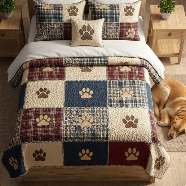 Autumn Paw Patch quilted 3-piece bedding set on a made bed with two matching pillow shams