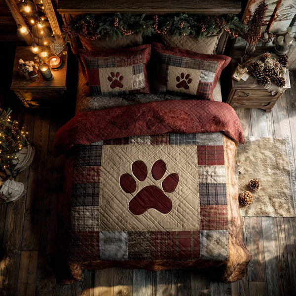 Autumn Paw quilted 3-piece bedding set on a made bed with two matching pillow shams