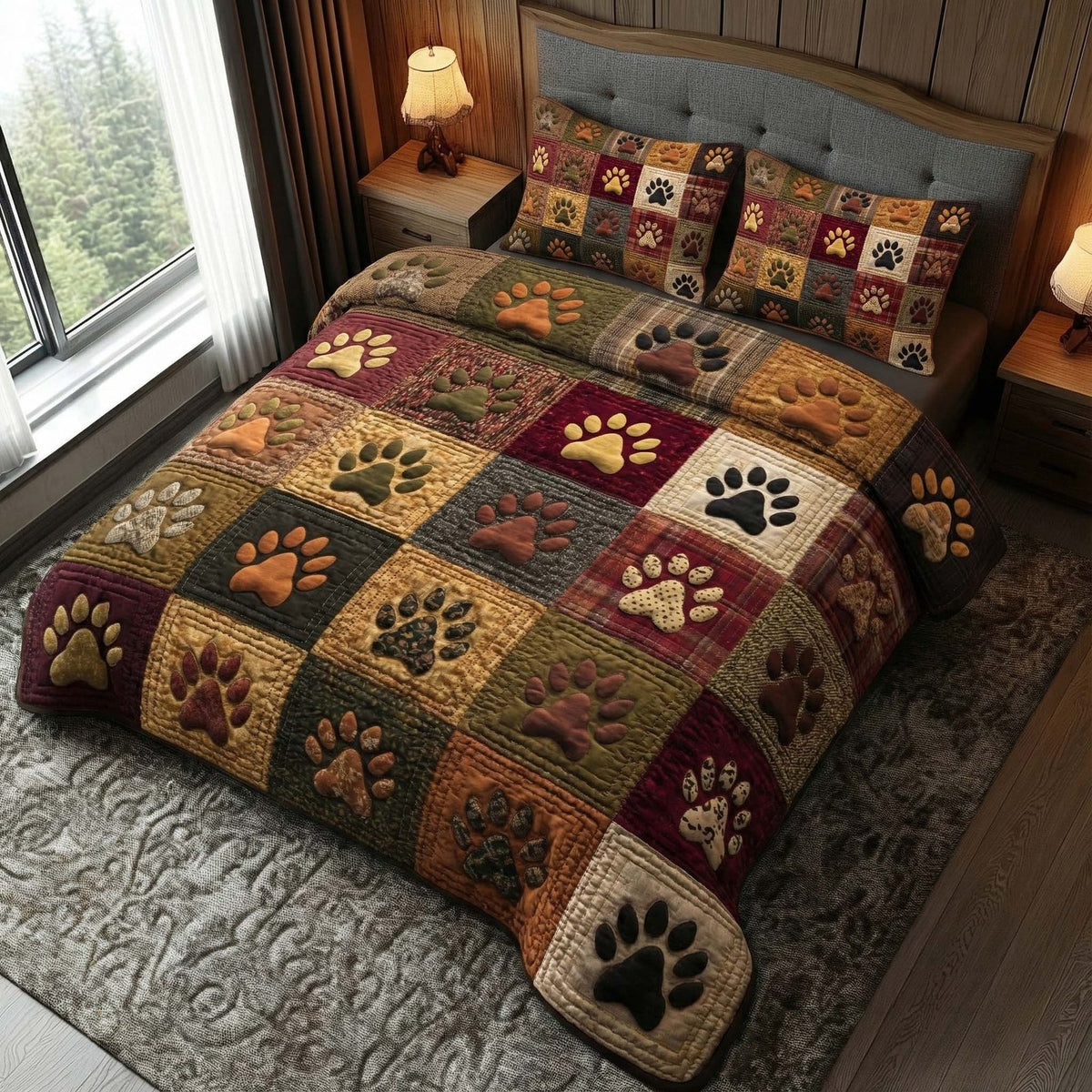 Autumn Paws quilted 3-piece bedding set on a made bed with two matching pillow shams