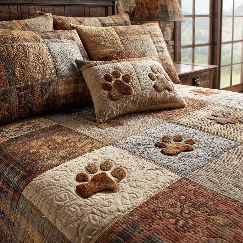 Autumn Paws quilted 3-piece bedding set on a made bed with two matching pillow shams